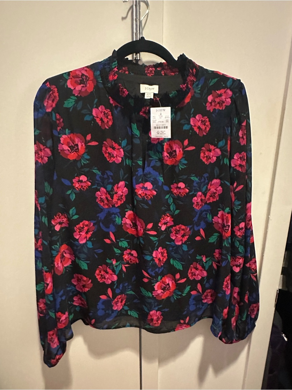 🆕 J. Crew Black Floral Smocked-Neck Long-Sleeve Blouse